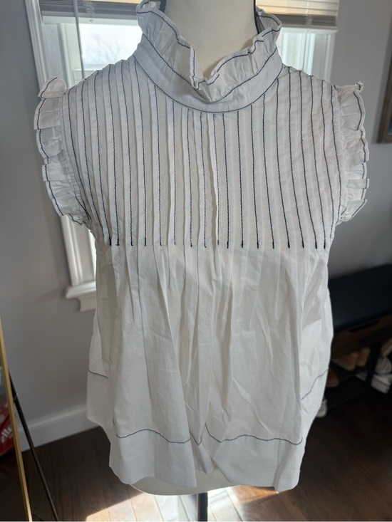 Blue Tassel Tops - Women’s White Ruffled Mock Neck Blouse with Pinstripes NWOT SIZE Small